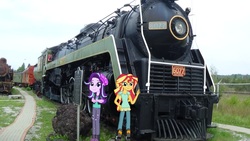 Size: 2300x1293 | Tagged: safe, artist:thomaszoey3000, starlight glimmer, sunset shimmer, equestria girls, g4, canadian national, equestria girls in real life, irl, photo, steam locomotive 6077, train