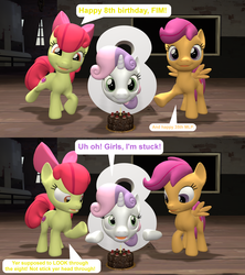 Size: 1920x2160 | Tagged: safe, artist:red4567, apple bloom, scootaloo, sweetie belle, earth pony, pegasus, pony, unicorn, g4, 35th anniversary, 3d, 8, adorabloom, cake, comic, cute, cutealoo, cutie mark crusaders, diasweetes, food, happy birthday mlp:fim, mlp fim's eighth anniversary, silly, silly pony, source filmmaker, stuck, sweetie fail