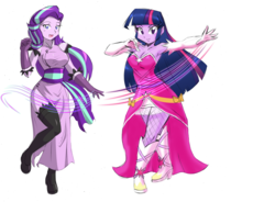 Size: 3808x2800 | Tagged: safe, artist:danmakuman, edit, editor:backgroundlol, starlight glimmer, twilight sparkle, human, equestria girls, g4, armpits, boots, cheongsam, chinese dress, clothes, cutie mark accessory, cutie mark on clothes, dress, female, gloves, high heel boots, high res, humanized, lesbian, looking at you, magic, open mouth, raised leg, ship:twistarlight, shipping, shoes, simple background, smiling, socks, stockings, thigh highs, white background