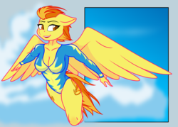 Size: 2601x1867 | Tagged: safe, artist:up1ter, spitfire, pegasus, anthro, plantigrade anthro, g4, breasts, cleavage, clothes, female, flying, leotard, mare, solo, wonderbolt leotard
