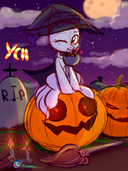 Size: 3000x4000 | Tagged: safe, artist:pesty_skillengton, oc, oc only, pony, candy, commission, cute, food, halloween, holiday, jack-o-lantern, moon, one eye closed, pumpkin, sitting, sky, solo, sweets, wink, witch, your character here