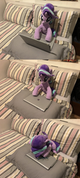 Size: 1200x2688 | Tagged: safe, artist:nekokevin, starlight glimmer, pony, unicorn, series:nekokevin's glimmy, g4, bed, bedsheets, computer, faceplant, female, glasses, irl, laptop computer, mare, photo, pillow, plushie, raised hoof, smiling, solo