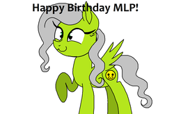 Size: 1418x928 | Tagged: safe, oc, oc only, oc:cutesie, pegasus, pony, curly mane, green pony, happy birthday mlp:fim, mlp fim's eighth anniversary, simple background, solo, white background