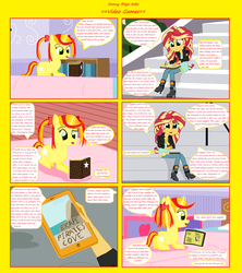 Size: 1808x2039 | Tagged: safe, sunset shimmer, oc, oc:sunny rays shimmer, pony, comic:sunny rays asks, equestria girls, g4, book, canterlot high, journal