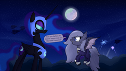 Size: 3000x1698 | Tagged: safe, artist:moonatik, nightmare moon, oc, oc:selenite, alicorn, bat pony, pony, new lunar millennium, g4, airship, alternate timeline, bat pony oc, celebration, clothes, cloud, cute, cute little fangs, dialogue, fangs, fireworks, happy, happy birthday mlp:fim, helmet, implied pinkie pie, implied princess celestia, looking at each other, mare in the moon, mlp fim's eighth anniversary, moon, night, nightmare takeover timeline, open mouth, orion (constellation), outdoors, stars, uniform, wings