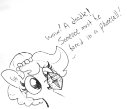 Size: 1280x1103 | Tagged: safe, artist:tjpones, oc, oc only, oc:brownie bun, earth pony, pony, cute, dialogue, female, lineart, mare, monochrome, open mouth, solo