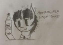 Size: 2635x1897 | Tagged: safe, artist:antique1899, oc, oc only, oc:ragtime melody, pony, alcohol, cursive writing, drunk, drunk bubbles, happy birthday mlp:fim, mlp fim's eighth anniversary, monochrome, solo, traditional art