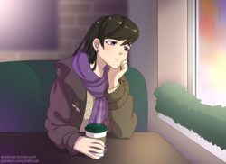 Size: 1233x900 | Tagged: safe, artist:draltruist, octavia melody, human, g4, clothes, coat, coffee, female, humanized, scarf, sitting, solo, table