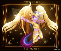 Size: 3840x3232 | Tagged: safe, artist:zidanemina, twilight sparkle, alicorn, pony, g4, archer, armor, arrow, bow (weapon), bow and arrow, crossover, female, god cloth, gold cloth, gold saint, helmet, high res, hoof hold, mare, sagittarius, saint seiya, solo, twilight sparkle (alicorn), weapon, zodiac