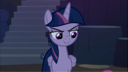 Size: 1250x703 | Tagged: safe, screencap, mean twilight sparkle, alicorn, pony, g4, the mean 6, clone, confident, female, lidded eyes, looking down, mare, scheming, sinister, smiling, smirk, solo