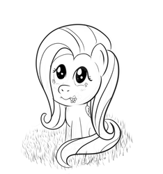Size: 750x800 | Tagged: safe, artist:veggiefangirl, fluttershy, pegasus, pony, g4, black and white, female, flower, folded wings, grayscale, lineart, looking up, mare, monochrome, mouth hold, sitting, solo, wings