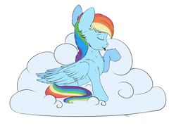 Size: 2750x2000 | Tagged: safe, artist:skitsroom, rainbow dash, pegasus, pony, g4, behaving like a cat, cheek fluff, chest fluff, cloud, cute, dashabetes, ear fluff, eyes closed, female, fluffy, grooming, high res, leg fluff, licking, mare, on a cloud, raised hoof, shoulder fluff, smiling, solo, tongue out, wing fluff
