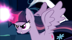 Size: 1248x701 | Tagged: safe, screencap, mean twilight sparkle, alicorn, pony, g4, the mean 6, blast, clone, confident, determined, evil grin, female, glowing horn, grin, horn, magic, magic blast, smiling, wings