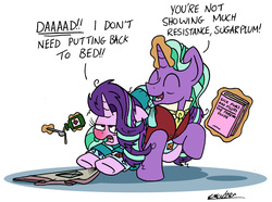 Size: 2146x1599 | Tagged: safe, artist:bobthedalek, firelight, starlight glimmer, pony, unicorn, g4, bathrobe, blanket, caring for the sick, clothes, duo, father and daughter, fathers gonna father, female, magic, male, mare, medicine, messy mane, pajamas, red nosed, robe, sick, simple background, spoon, stallion, telekinesis, that pony sure does love kites, varying degrees of want, white background