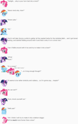 Size: 801x1266 | Tagged: safe, artist:dziadek1990, pinkie pie, rainbow dash, twilight sparkle, pony, g4, balloon, balloon animal, bored, bow, conversation, dialogue, emote story, emotes, floppy horn, herb, herbs, horn, implied zecora, noose, poison joke, reddit, slice of life, tangled up, tied in a knot, waiting