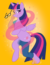 Size: 800x1035 | Tagged: safe, artist:hornbuckle, twilight sparkle, alicorn, pony, g4, bipedal, blushing, disappearing clothes, glasses, hand on face, human to pony, magic, male to female, mid-transformation, rule 63, simple background, smiling, solo, sparkles, transformation, transgender transformation, twilight sparkle (alicorn), yellow background