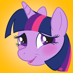Size: 600x600 | Tagged: safe, artist:hornbuckle, twilight sparkle, alicorn, pony, g4, blushing, cute, female, head only, magic, portrait, simple background, smiling, solo, transformed, twiabetes, twilight sparkle (alicorn), yellow background