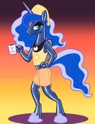 Size: 800x1035 | Tagged: safe, artist:hornbuckle, princess luna, alicorn, rubber pony, anthro, unguligrade anthro, g4, bags under eyes, clothes, coffee, coffee mug, female, finger hooves, gradient background, hat, implied princess celestia, jewelry, latex, lidded eyes, looking at you, mug, nightcap, pajamas, peytral, regalia, rubber, shiny, shorts, slippers, solo, tank top, tired