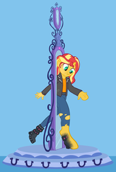 Size: 800x1178 | Tagged: safe, artist:hornbuckle, sunset shimmer, pony, unicorn, equestria girls, g4, blue background, boots, clothes, commission, disappearing clothes, human to pony, jacket, leather jacket, mirror portal, pants, ripping clothes, shirt, shoes, simple background, solo, transformation