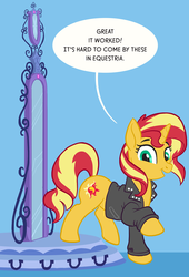 Size: 800x1175 | Tagged: safe, artist:hornbuckle, sunset shimmer, pony, unicorn, equestria girls, g4, blue background, clothes, commission, female, happy, jacket, leather jacket, mirror portal, raised leg, simple background, smiling, solo, speech bubble, transformed