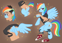Size: 1159x800 | Tagged: safe, artist:hornbuckle, rainbow dash, pony, g4, bipedal, blushing, brown background, clothes, commission, converse, disappearing clothes, human to pony, lip bite, magic, male to female, mid-transformation, motion lines, nervous, rule 63, shirt, shoes, simple background, smiling, sneakers, solo, sparkles, transformation, transformation sequence, transgender transformation