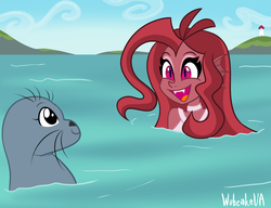 Size: 1024x788 | Tagged: dead source, safe, artist:wubcakeva, oc, oc only, oc:mezma, seal, equestria girls, g4, clothes, cloud, equestria girls-ified, ocean, open mouth, sky, solo, water