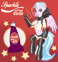 Size: 976x1035 | Tagged: safe, artist:hornbuckle, silverstream, hippogriff, anthro, unguligrade anthro, fallout equestria, g4, advertisement, bedroom eyes, bottle, clothes, commission, crossover, fallout, female, gloves, jewelry, latex, midriff, necklace, nuka cola, nuka girl, ray gun, rubber, smiling, socks, solo, space helmet, sparkle cola, thigh highs, weapon