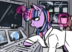 Size: 3500x2500 | Tagged: safe, artist:lrusu, trixie, twilight sparkle, pony, unicorn, fallout equestria, fallout equestria illustrated, g4, clothes, fanfic, fanfic art, female, glowing horn, grey hair, high res, hooves, horn, lab coat, levitation, magic, mare, maripony, ministry mares, ministry of arcane sciences, older, older twilight, open mouth, splendid valley, telekinesis, unicorn twilight