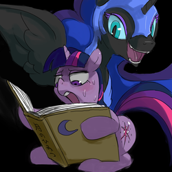 Size: 1350x1350 | Tagged: safe, artist:baigak, nightmare moon, twilight sparkle, alicorn, pony, unicorn, g4, black background, book, duo, duo female, female, mare, open mouth, simple background, sweat, this will end in tears, unicorn twilight