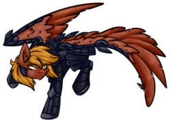 Size: 5807x4151 | Tagged: safe, artist:lrusu, oc, oc only, oc:calamity, pegasus, pony, fallout equestria, absurd resolution, armor, dashite, ear fluff, enclave armor, fanfic, fanfic art, hooves, male, power armor, simple background, spread wings, stallion, white background, wings