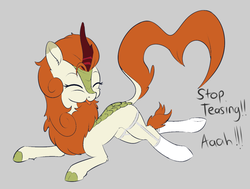 Size: 1134x858 | Tagged: safe, artist:dusthiel, artist:icicle-niceicle-1517, color edit, edit, autumn blaze, kirin, g4, awwtumn blaze, clothes, cloven hooves, colored, cute, eyes closed, female, garter belt, garters, mare, offscreen character, quadrupedal, solo, stockings, thigh highs, tongue out