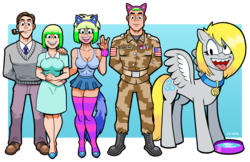 Size: 1387x900 | Tagged: safe, artist:curtsibling, derpy hooves, oc, oc:pegadad, oc:pegamom, oc:pegaslut, oc:pete, pegasus, pony, g4, army, boots, bracelet, breasts, camouflage, clothes, collar, dog collar, epaulettes, family photo, female, freckles, jewelry, male, mare, microskirt, military uniform, miniskirt, necktie, open mouth, pants, pet bowl, pipe, shoes, simple background, skirt, smiling, socks, striped socks, sweater, tank top, thigh highs, tongue out, transparent background