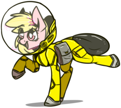 Size: 2600x2322 | Tagged: safe, artist:lrusu, oc, oc only, oc:puppysmiles, earth pony, pony, fallout equestria, fallout equestria: pink eyes, canterlot ghoul, fanfic, fanfic art, female, filly, foal, hazmat suit, high res, hooves, open mouth, raised hoof, saddle bag, signature, simple background, smiling, solo, space helmet, transparent background