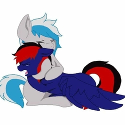 Size: 720x720 | Tagged: safe, artist:mace, oc, oc only, oc:mistic spirit, cyber pony, pony, comforting, crying, cuddling, friends, hug, prosthetic wing, vent art