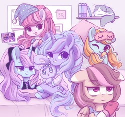 Size: 2364x2216 | Tagged: safe, artist:dressella, oc, cat, earth pony, pegasus, pony, rabbit, unicorn, bed, book, cellphone, clothes, cute, female, hat, high res, mare, nightcap, one eye closed, pajamas, phone, shirt, smiling, tongue out