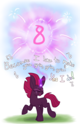 Size: 1294x2000 | Tagged: safe, artist:heir-of-rick, fizzlepop berrytwist, tempest shadow, pony, unicorn, g4, anniversary, broken horn, cute, description is relevant, dialogue, eye scar, eyes closed, female, fireworks, happy birthday mlp:fim, hidden cane, horn, impossibly large ears, lyrics, mare, mlp fim's eighth anniversary, raised hoof, scar, simple background, smile song, solo, song reference, tempest the birthday guest, tempestbetes, transparent background