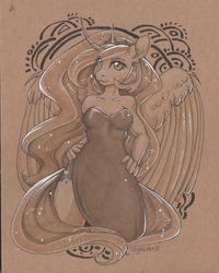 Size: 1280x1604 | Tagged: safe, artist:nightskrill, princess luna, alicorn, anthro, g4, clothes, dress, female, formal wear, gown, looking at you, solo, traditional art