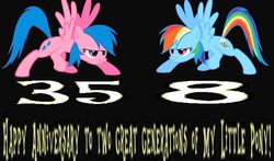 Size: 2032x1192 | Tagged: safe, artist:mellow91, derpibooru exclusive, firefly, rainbow dash, pegasus, pony, g1, g4, 1000 hours in ms paint, 35th anniversary, black background, duo, female, g1 to g4, generation leap, happy birthday mlp:fim, mare, mlp fim's eighth anniversary, raised hoof, simple background, smiling, text