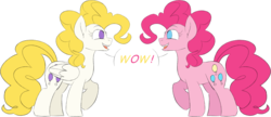 Size: 1553x673 | Tagged: safe, artist:taaffeiite, derpibooru exclusive, pinkie pie, surprise, earth pony, pegasus, pony, g1, g4, 35th anniversary, dialogue, duo, female, g1 to g4, generation leap, looking at each other, mare, open mouth, raised hoof, simple background, speech bubble, transparent background, wow