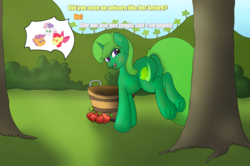 Size: 2000x1330 | Tagged: safe, artist:limedreaming, apple bloom, scootaloo, sweetie belle, oc, oc:lime dream, pony, unicorn, g4, apple, applebucking, bucket, bush, butt, cutie mark crusaders, engrish, farm, food, grammar error, looking back, plot, tree