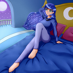 Size: 2000x2000 | Tagged: safe, artist:focusb, princess luna, human, g4, barefoot, breasts, busty princess luna, clothes, cute, feet, female, high res, humanized, lunabetes, moon, night, solo