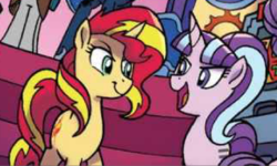 Size: 1478x887 | Tagged: safe, artist:tony fleecs, idw, official comic, starlight glimmer, sunset shimmer, pony, unicorn, g4, nightmare knights, spoiler:comic, spoiler:comicnightmareknights01, duo focus, equal cutie mark, evil duo, female, mare, open mouth, smiling, smirk