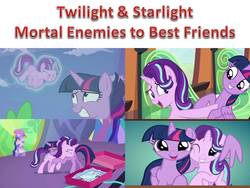 Size: 960x720 | Tagged: safe, edit, edited screencap, screencap, starlight glimmer, twilight sparkle, alicorn, pony, celestial advice, father knows beast, g4, the crystalling, the cutie re-mark, best friends, caption, crying, duo, duo female, female, hug, levitation, magic, self-levitation, telekinesis, text, twilight sparkle (alicorn), winghug