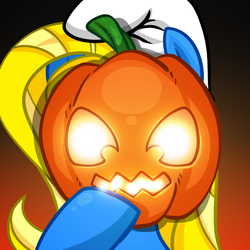 Size: 625x625 | Tagged: safe, oc, oc only, oc:twinkiepie, pony, halloween, holiday, jack-o-lantern, ponified, pumpkin, pumpkin mask, solo, the smurfs