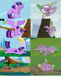 Size: 834x1038 | Tagged: safe, edit, edited screencap, screencap, spike, twilight sparkle, alicorn, dragon, pony, father knows beast, g4, princess twilight sparkle (episode), comparison, dirt, faceplant, female, male, mare, meme, mud, spread wings, twilight sparkle (alicorn), winged spike, wings