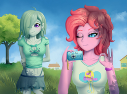 Size: 2500x1859 | Tagged: safe, artist:generalecchi, marble pie, pinkie pie, equestria girls, g4, alternate hairstyle, belly button, boob window, bra, camera, clothes, cute, equestria girls-ified, female, hair over one eye, house, midriff, miniskirt, panties, short hair, short shirt, sisters, skirt, thong, underwear