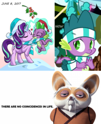 Size: 1118x1367 | Tagged: safe, spike, starlight glimmer, dragon, pony, unicorn, best gift ever, g4, clothes, dreamworks, female, hat, holly, holly mistaken for mistletoe, i have questions, kissing, kung fu panda, male, scarf, shifu, ship:sparlight, shipping, straight, striped scarf, text, winter outfit