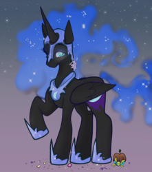 Size: 1515x1716 | Tagged: safe, artist:incapacitatedvixen, nightmare moon, alicorn, pony, g4, antagonist, candy, confetti, ethereal mane, female, food, hoof shoes, looking away, mare, nightmare night, one eye closed, raised hoof, royalty, smiling, smirk, solo, starry mane, villainess, wink