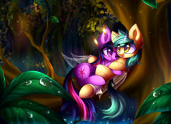Size: 4000x2900 | Tagged: safe, artist:kaleido-art, twilight sparkle, oc, oc:honeydew, breezie, pony, g4, canon x oc, commission, duo, female, forest, hug, leaf, male, mare, one eye closed, open mouth, scenery, signature, smiling, stallion, straight, tree, tree branch, water