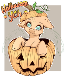 Size: 1956x2275 | Tagged: safe, artist:serenity, pony, auction, commission, cute, festive, fluffy, halloween, holiday, jack-o-lantern, looking at you, pumpkin, your character here